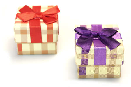 two checkered gift box with beige brown pattern red violet stock