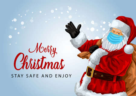 Merry christmas greetings. santa claus wearing face mask covid-19 corona virus concept as a christmas holiday season. vector illustration