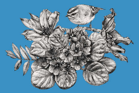 さまざまな花 鳥や植物の黒インクで手書きの長方形フレーム グラフィックの描画 点描技法 テキストを配置します ポストカード イラストとして使用することができます の写真素材 画像素材 Image