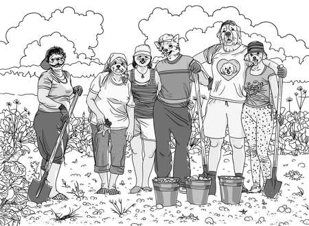 ジャガイモを収穫する犬の家族とベクターイラスト 農家は農場で働く 漫画のキャラクター 動物とのコミカルな描画 のイラスト素材 ベクタ Image