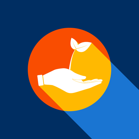 環境保護の手話をスプラウトします ベクトル クールな黒の背景に光の無限シャドウ タンジェロ円の白いアイコンを 選択的な黄色と明るいネイビー ブルーが生産されています のイラスト素材 ベクタ Image