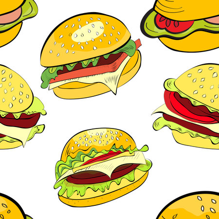 ハンバーガーをシームレスなパターンを図 ファーストフード壁紙 ベクトル のイラスト素材 ベクタ Image