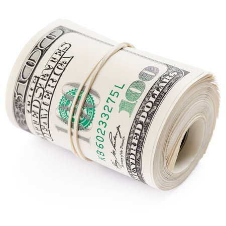hundred dollar bills rolled up with rubberband clipping path stock