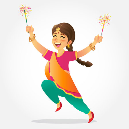 Cute cartoon indian girl in traditional clothes jumping and playing with firecracker celebrating the festival of lights diwali or deepavali isolated on white background