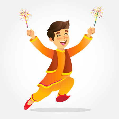 Cute cartoon indian boy in traditional clothes jumping and playing with firecracker celebrating the festival of lights diwali or deepavali isolated on white background Фото со стока
