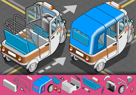 Rgb の色空間と Eps10 でリア Viewillustration で等尺性のイタリアの人力車の詳細なイラスト 可能であれば 簡単に編集可能または隠されたように オブジェクトがグループ化されています この画像には透明なフォーム 数字では のイラスト素材 ベクタ Image