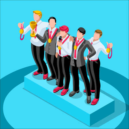 ビジネス コンセプト インフォ グラフィックのベクター デザイン 実業家 3 D キャラクター フラット野心的な男 野望変化する職務 スタートアップ グループ トレーニングの目標設定およびチーム管理図を獲得のイラスト素材 ベクタ Image
