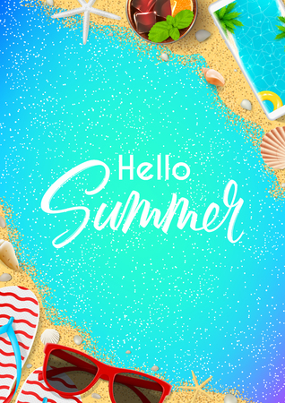 hello summer flyer template top view on summer composition with