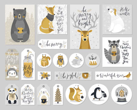 christmas cards and gift tags set hand drawn style vector