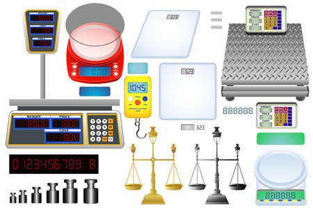 Verzameling elektronische en mechanische weegschalen. saldo pictogrammen instellen. goud messing weegschaal. teken van gerechtigheid, advocaat. geïsoleerd op witte vectorillustratie Stockfoto