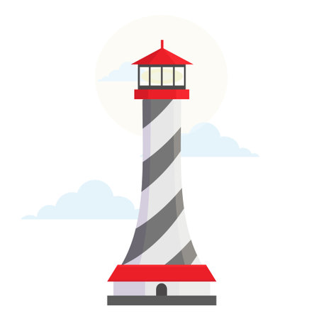 Sea illuminated lighthouse beacon red striped tower building vector flat illustration Vector Illustration