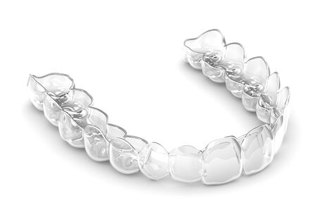 Renderowanie 3d wymiennego i niewidocznego elementu ustalającego invisalign formowanego próżniowo na białym tle. Zdjęcie Seryjne