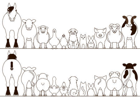 farm animals border set, front view and rear view, line art