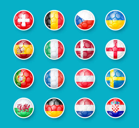 Icons of the countries participants the round of 16 in the european football championship 2020. signs in the form of a soccer ball with the national flags. 2020 european. europe 2021. vector