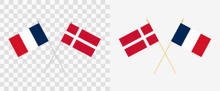 France and denmark crossed flags. pennon angle 28 degrees. options with different shapes and colors of flagpoles - silver and gold. example of flags on transparent background. vector illustration Banco de Imagens
