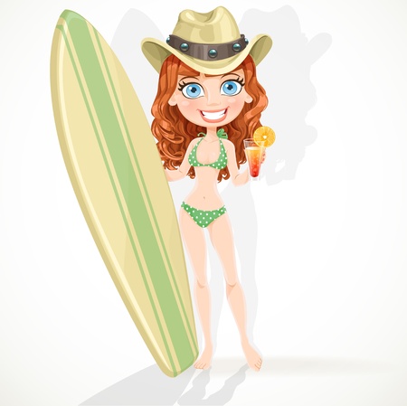 ジュース 白い背景にサーフボードのグラスでかわいい女の子のイラスト素材 ベクタ Image