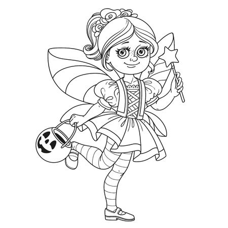 Cute girl in fairy costume holding a pumpkin bag for sweets trick or treat outlined for coloring page