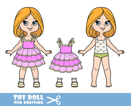 Cartoon girl with bob hairstyle in underwear ,dressed and clothes separately - pink three-tiered sundress, beige sandals doll for dressing Stock Photo