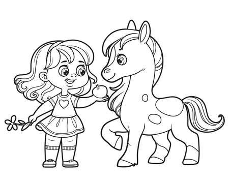 Cute cartoon girl feeding an apple to a little horse outlined for coloring page on white background Stock Photo