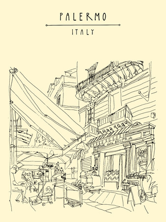 パレルモ シチリア島 イタリアのカフェ 人と居心地の良い素敵な場所の芸術的なイラスト レトロなスタイルのフリーハンドでの描画 書籍のイラスト ベクトルの垂直移動はがきやポスターのテンプレートのイラスト素材 ベクタ Image