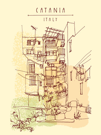 カターニア シチリア島 イタリア 窓 バルコニー 岩 草と裏庭のイラスト フリーハンド描画大ざっぱなレトロ なスタイルです ベクトルのはがき ポスターや本のイラストを旅行します のイラスト素材 ベクタ Image