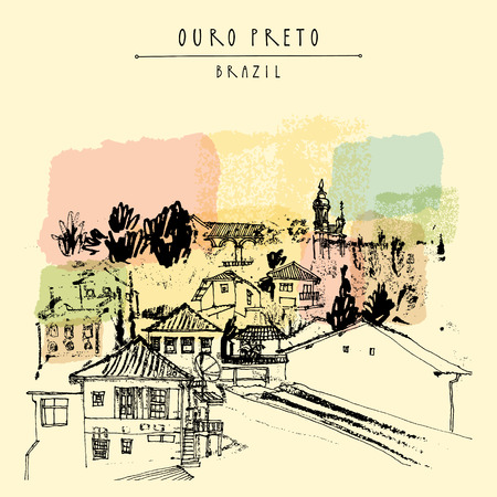家々 や教会 ミナスジェ ライス州 ブラジル 南アメリカのオウロ プレット豪華な町の丘の上 ヴィンテージ手描き下ろしポストカード ベクトルの本の イラストやポスターのテンプレートのイラスト素材 ベクタ Image