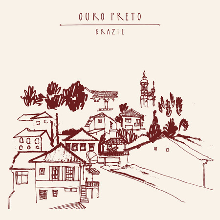 家々 や教会 ミナスジェ ライス州 ブラジル 南アメリカのオウロ プレット豪華な町の丘の上 ヴィンテージ手描き下ろしポストカード ベクトルの本の イラストやポスターのテンプレートのイラスト素材 ベクタ Image