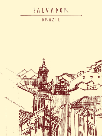 家々 や教会 ミナスジェ ライス州 ブラジル 南アメリカのオウロ プレット豪華な町の丘の上 ヴィンテージ手描き下ろしポストカード ベクトルの本の イラストやポスターのテンプレートのイラスト素材 ベクタ Image