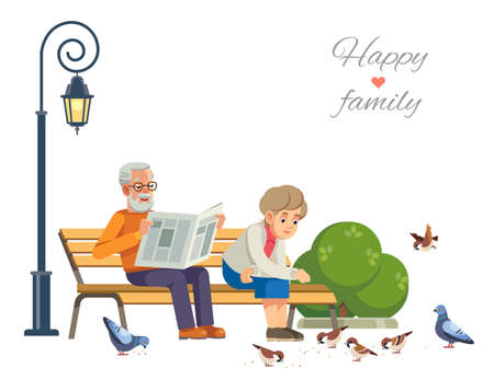 Happy elderly couple feeding the birds on a park bench, isolate on white background. vector flat illustration. Stock Photo