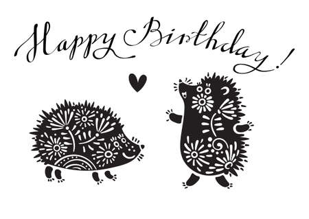 Funny vector illustration with hedgehogs and lettering text - Happy Birthday.