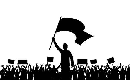 Silhouettes of people. silhouette of man with flag and crowd of protesters with raised hands and banners. demonstration, strike and revolution. political protest and struggle for human rights. vector Banco de Imagens