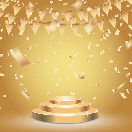 Round gold stage podium on award ceremony background. vector illustration