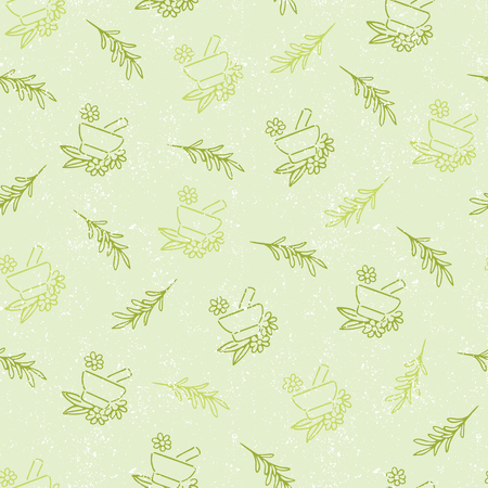 Vector hand drawn mortar and pestle seamless pattern. Alternative medicine background.