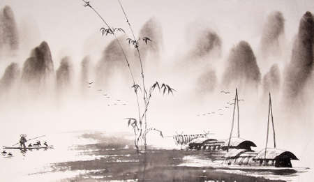 水墨画「水辺の風景 -牛久沼-」福田勝司 筆 | 水墨画・達風 色彩