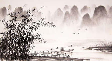 100％本物保証！ 水郷陽春葉月画肉筆水墨画風景画湖沼中国 絵画