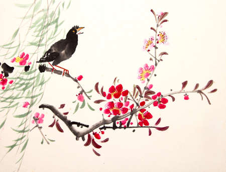 中国水墨画絵画鳥と植物の写真素材・画像素材 Image 56021323