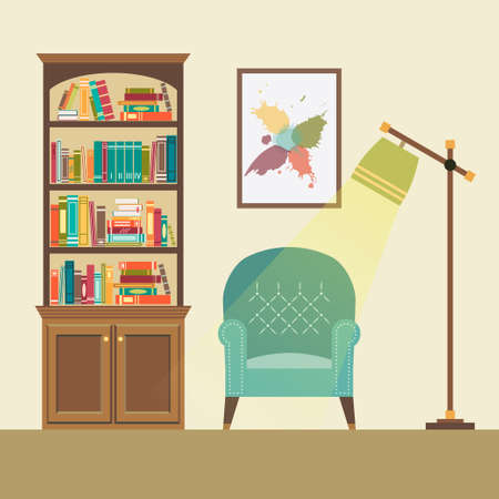 Reading nook in living space with blue armchair floor lamp and abstract picture vector illustration