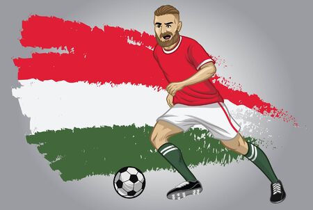 Hungary soccer player dribbling the ball with hungary flag background Stock Photo