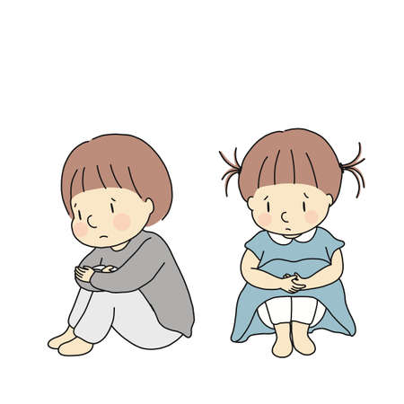 Vector illustration of little kids hugging knees, feeling sad and anxious. child emotion problem concept. cartoon character drawing.