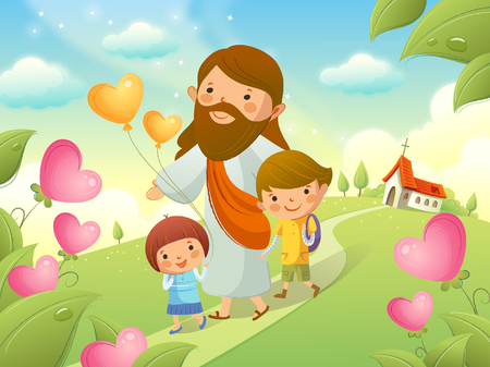 Jesus Christ walking with two children
