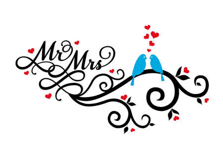 Mr and Mrs, wedding birds on swirl with red hearts, vector illustration - 25332458