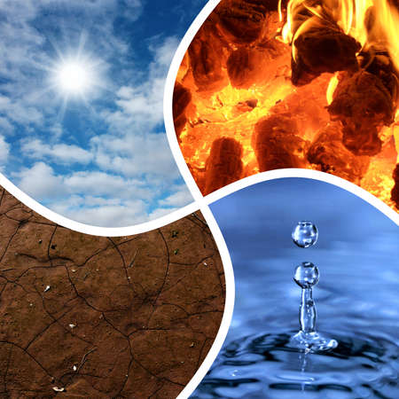 Composition of four shots representing the four elementes: air, water, ground and fire