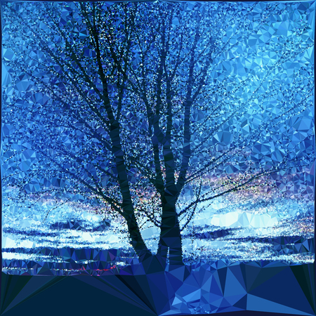 裸木のあるノスタルジックな冬景色 空と木のシルエットに多角形の青と白の風景 のイラスト素材 ベクタ Image 裸木のあるノスタルジックな冬景色 空と木のシルエットに多角形の青と白の風景 のイラスト素材 ベクタ Image