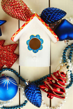 nesting box and christmas decorations on wooden background stock christmas nesting box