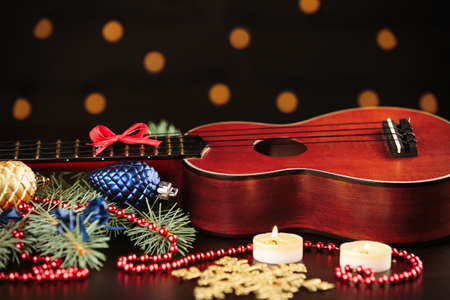 christmas music concept ukulele with decoration on table stock ukulele christmas