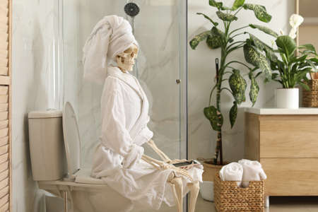 Skeleton in bathrobe with mobile phone sitting on toilet bowl Stock Photo