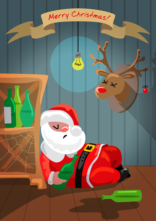 Drunk Santa Claus is sleeping in the room