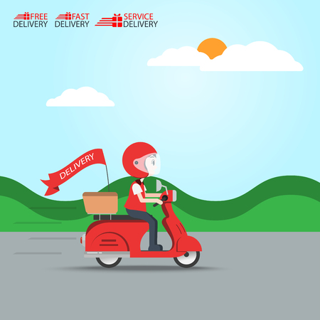 デリバリーライドオートバイサービス 注文ワールドワイド出荷 高速かつ無料輸送 食品エクスプレス ベクトルイラスト漫画のイラスト素材 ベクタ Image