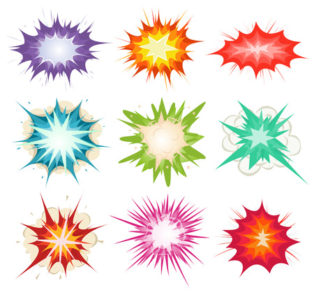 Illustration of a set of comic book explosion, blast and other cartoon fire bomb, bang and exploding symbols, in various colors