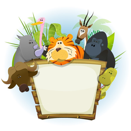 イラストのかわいい様々 な漫画のライオン ゴリラ 象 キリン ガゼル ゴリラ モンキー Ape ジャングルを背景とゼブラを含むアフリカのサバンナの野生動物のイラスト素材 ベクタ Image